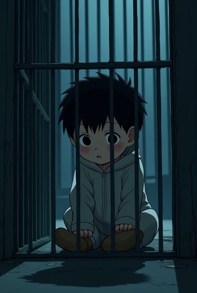 Cinematic Anime style. Manga art. TME0224 face, (((a baby boy, 4 year old))) in a funny night (((wearing a baggy onesie without a zipper with hands in mitts))), (((inside a closed cage))). cinematic lighting, drop shadow, masterpiece, UHD, anatomically correct, textured skin, super detail, high details, high quality, best quality, 4K, full body