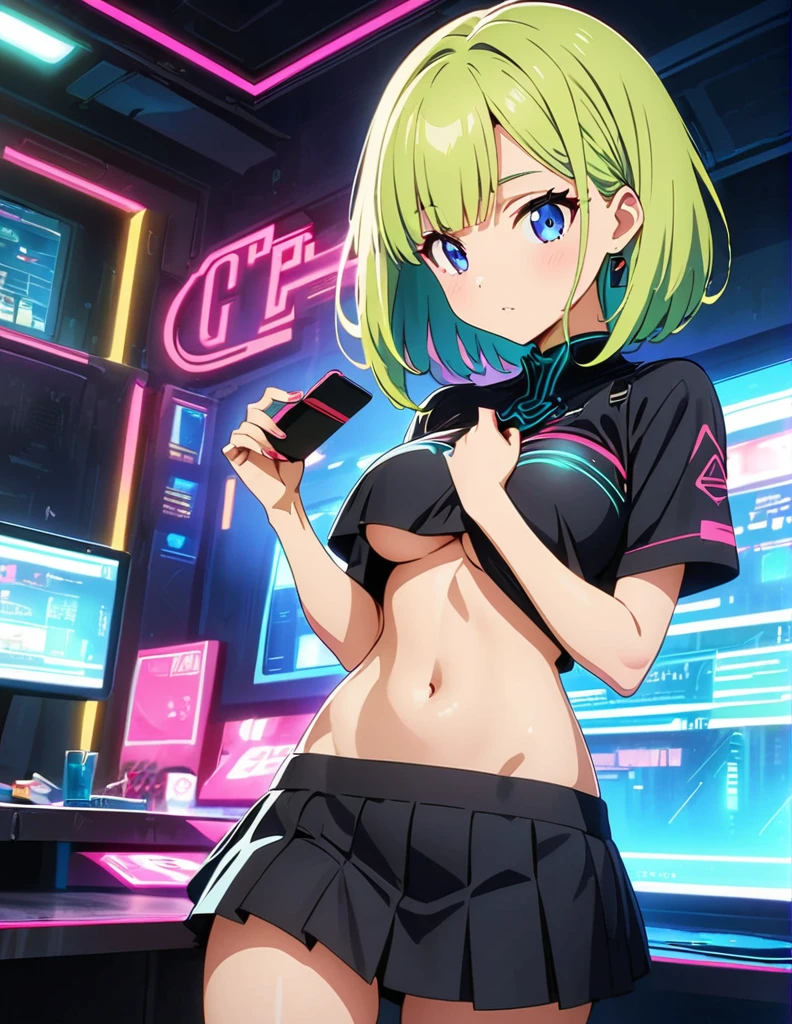 (anime artwork, anime style, studio anime, very detailed, up to date, vibrant, Anime Coloring, high contrast, masterpiece:1.2, best quality, best aesthetics),1 girl,cyber punk clothes, Medium chest, A glimpse of thighs,cyber punk hair, One eye is hidden by the bangs, perfect proportions, high detail skin, Cute, detailed faces,cyber punk cafe,sit, applying makeup, large breasts, cutout between underboob and shirt,very short pleated miniskirt,makeup, smart phone, 