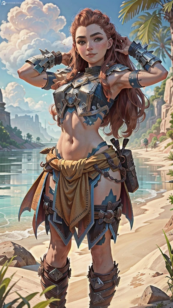 AloyHorizon, solo, long hair, smile, brown hair, hair ornament, navel, brown eyes, weapon, braid, outdoors, parted lips, sky, day, midriff, red hair, armor, blue sky, lips, looking to the side, tattoo, looking away, thick eyebrows, shoulder armor, freckles, showing armpits and pussy half naked, perfect proportions. Tropical background.