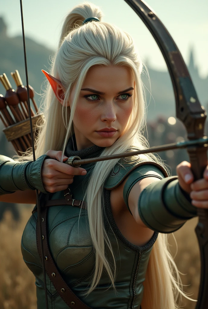 An elf archer approximately twenty-eight years old. Your hair is medium, almost white blondes, Emerald green eyes, pele alva, wearing simple armor. The ears are slightly pointed. She is in an attack pose in a war scenario.