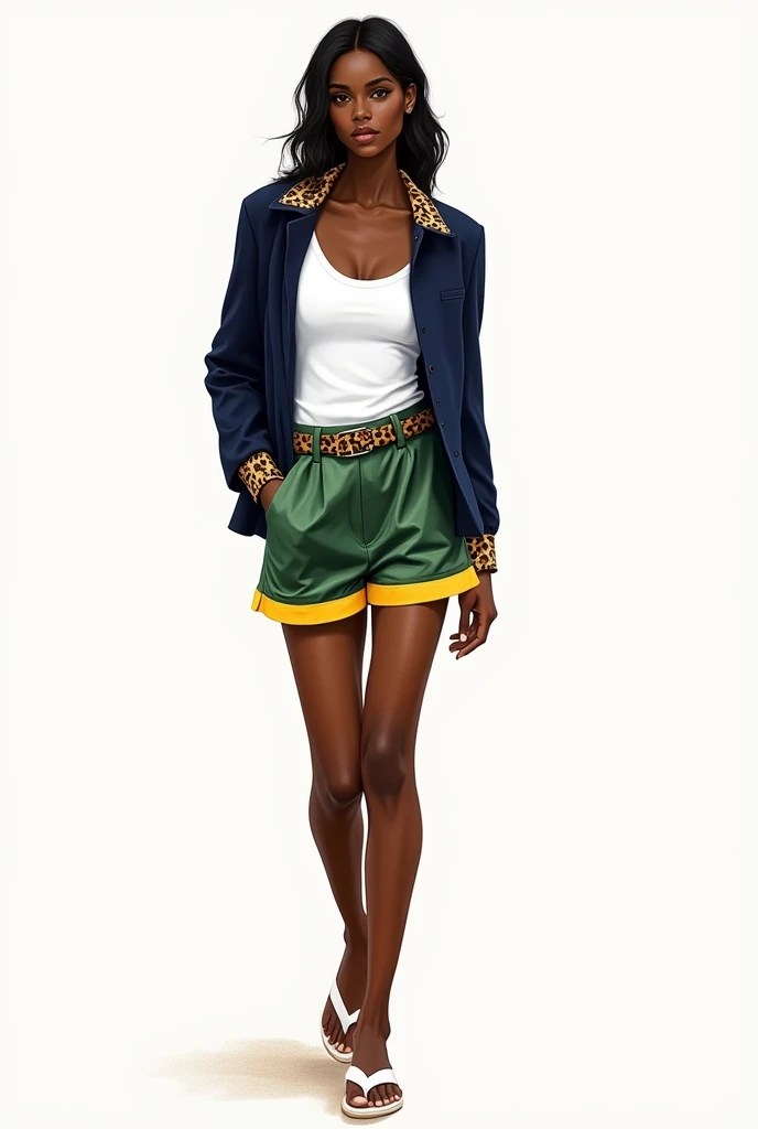 fashion sketch of a woman with black skin. white fitted blouse. Elegant matcha green shorts with yellow hem and leopard print belt. Navy blue synthetic jacket, short length and only the collar with leopard print. white flip flops on my feet.