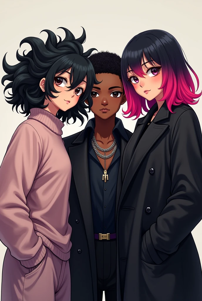 "E-girl in a light pink sweater with black Power hair, with outlined" "and E-girl with black coat and curly black Power hair" "and another e-girl with a black coat, straight hair with pink bangs, a little towards the shade of red, with the rest of her hair black" "a dark-skinned man with short hair shaved on the side, with a thick cord, with a black blouse"