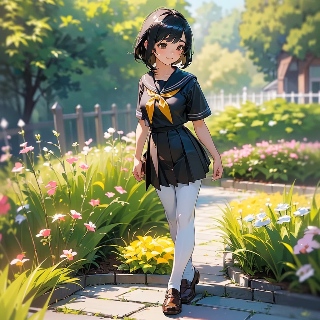 (Highest quality, High resolution, Super detailed, Realistic:1.37), Peaceful atmosphere, (Outdoor, garden), Teenage girl standing alone,(my breasts are big.),Beautifully detailed features, Cute Smile, ((Black bob hair)),Short-sleeved sailor uniform, Pleated skirt,Black tights,Brown leather shoes.