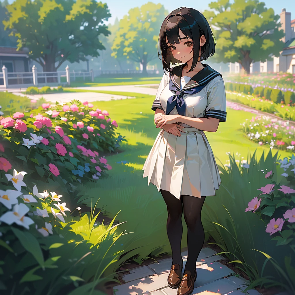 (Highest quality, High resolution, Super detailed, Realistic:1.37), Peaceful atmosphere, (Outdoor, garden), Teenage girl standing alone,(my breasts are big.),Beautifully detailed features, Cute Smile, ((Black bob hair)),Short-sleeved sailor uniform, Pleated skirt,Black tights,Brown leather shoes.