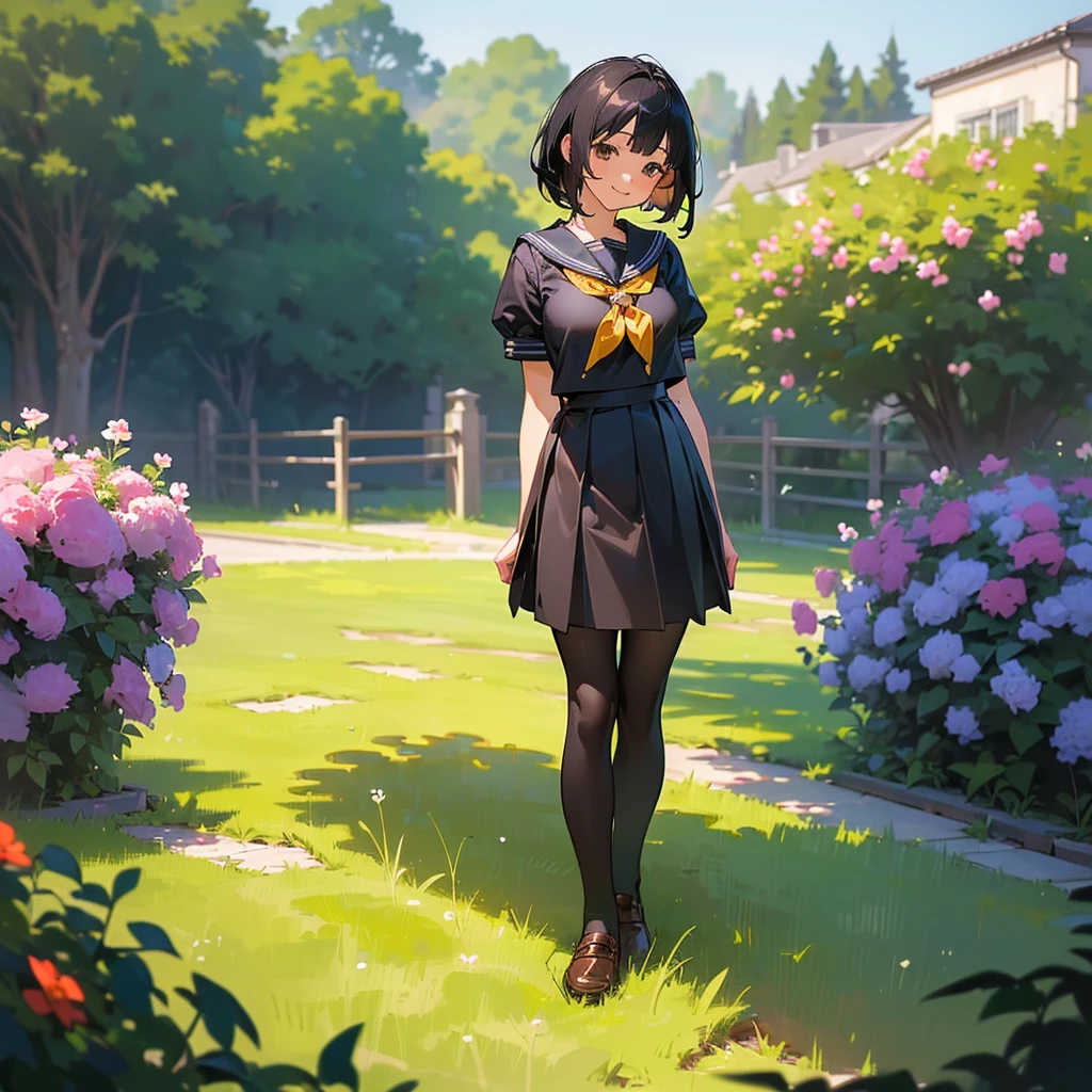 (Highest quality, High resolution, Super detailed, Realistic:1.37), Peaceful atmosphere, (Outdoor, garden), Teenage girl standing alone,(my breasts are big.),Beautifully detailed features, Cute Smile, ((Black bob hair)),Short-sleeved sailor uniform, Pleated skirt,Black tights,Brown leather shoes.