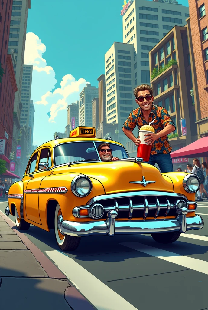 A low-slung taxi with all the bells and whistles being driven by a middle-aged man with a cheerful smile, a Hawaiian shirt, and sunglasses, nearly runs over a distracted pedestrian with headphones and a large glass of soda.