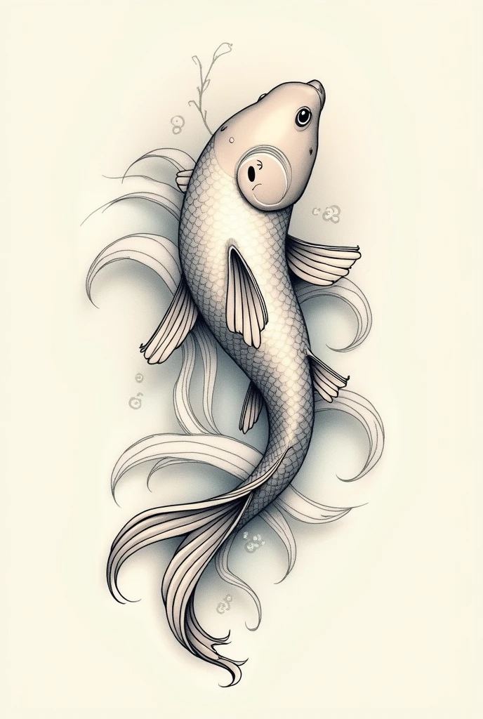 I want a tattoo design, with a koi fish looking up to the left, whose tail is not as thick as the classic ones and is with a classic Japanese bottom that includes classic waves