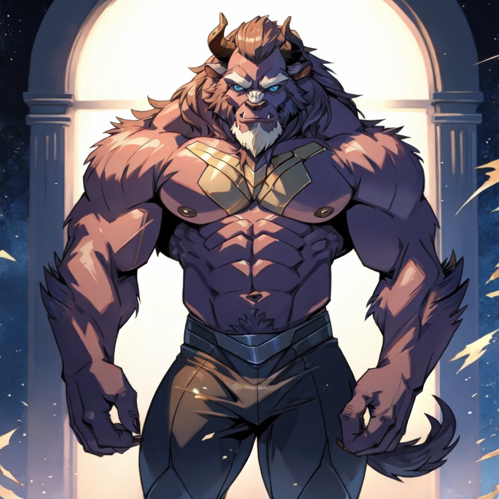 City background, skyscraper, futuristic city, night, stars, night lights, Beast from the movie Beauty and the Beast, Superhero, hero, Nadaria, massive muscles, huge pecs, chiseled ABS, huge pecs, exaggeratedly huge muscles. A furry hero whose presence inspires trust and respect.