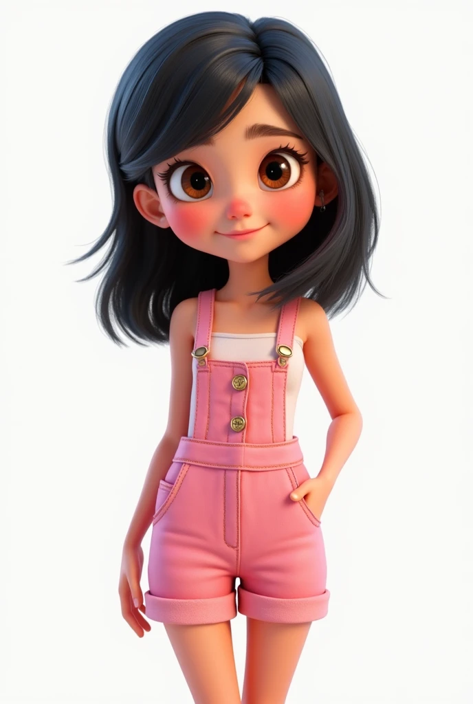 3D Disney Pixar girl, , cute, with shoulder-length black hair, brown eyes, wearing short overalls with several buttons on the front in pink, with beautiful makeup, multiple positions, smiling expressions. White background