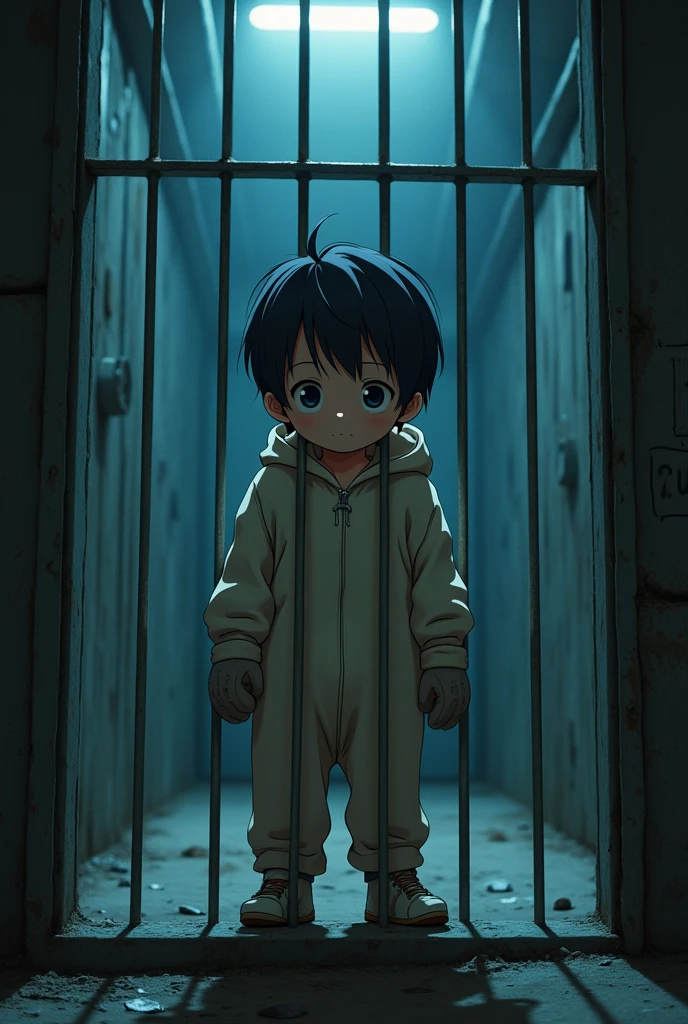 Cinematic Anime style. Manga art. TME0224 face, (((a baby boy, 4 year old))) in a funny night (((wearing a baggy onesie without a zipper with hands in mitts))), (((inside a closed cage))). cinematic lighting, drop shadow, masterpiece, UHD, anatomically correct, textured skin, super detail, high details, high quality, best quality, 4K, full body, standing