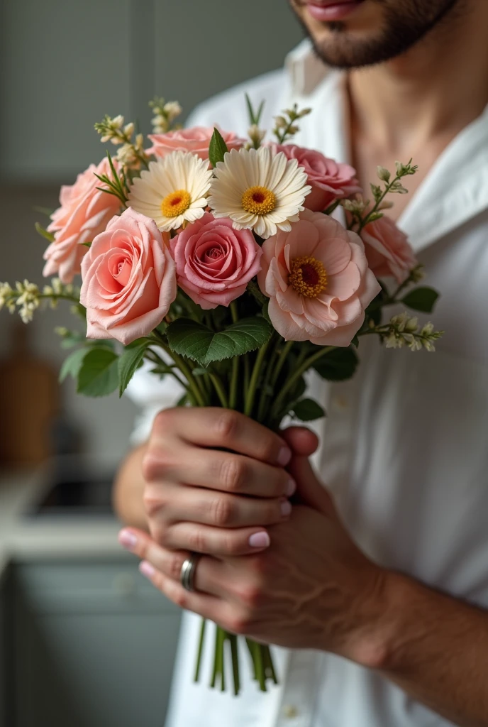 Make a realistic man's hand holding a bouquet with a ring on his finger and the background is a simple kitchen.