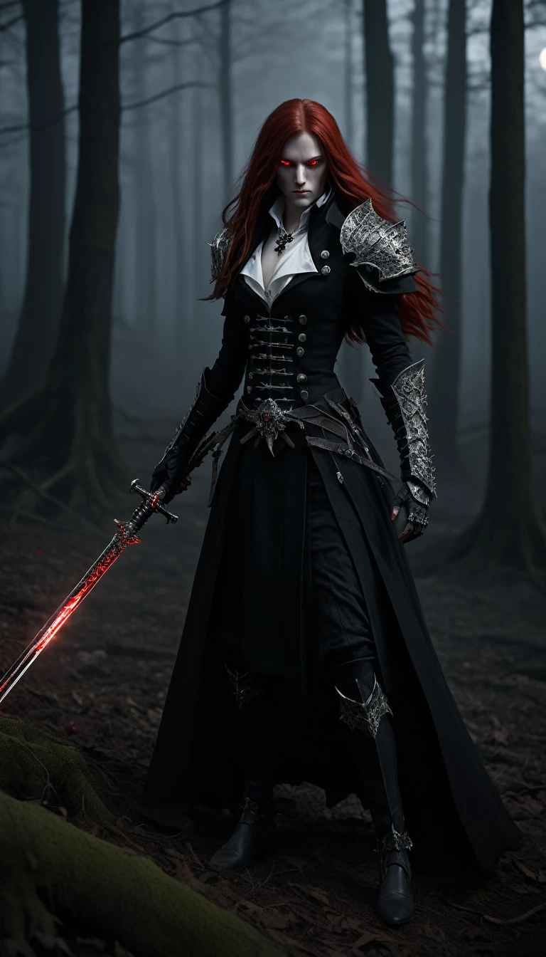 Masterpieces, female, red glowing eyes, long red hair, pale skin, vampire thrall, fantasy dark souls vampire demon, (wearing revealing frock coat, black, red and silver color scheme), (wielding a sword), (action shot: feral snarl), standing in a dead forest, Full red moon. Full body shot, cinematic shot, volumetric lighting, intricate pattern detail, highly detailed