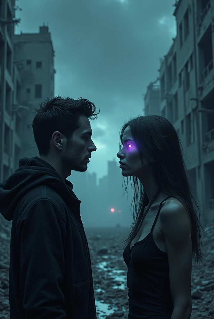 Create a book cover set in a post-apocalyptic world dominated by alien beings that look a lot like humans but have striking purple eyes. The aliens use contact lenses to disguise themselves among the human population. The cover was supposed to depict a frightening cityscape with ruined buildings and a dark, ominous sky where a human man looks head-on at one of the female alien. In the foreground, show a close-up of a figure whose purple eyes are faintly visible under the lens, suggesting his true identity. The atmosphere should be tense and mysterious, evoking the feeling of a hidden and ongoing threat