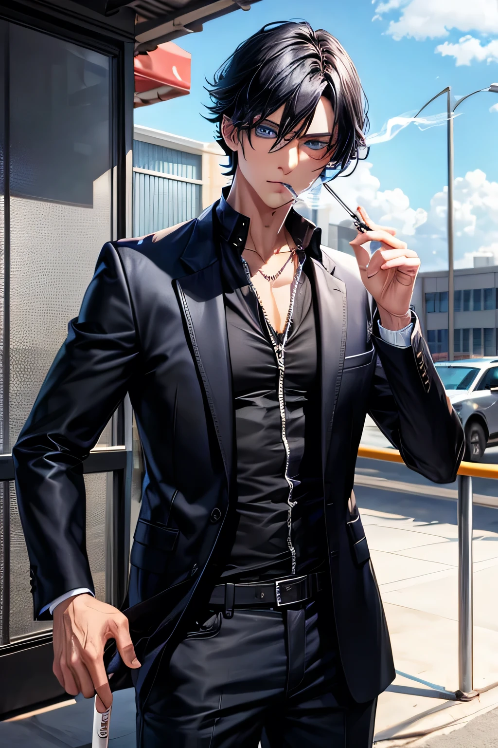 Male, black hair, blue eyes, cool, smoking