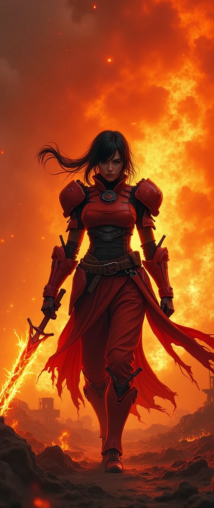 (masterpiece:1.2, Highest quality,Ultra-high resolution,Super detailed),8k,wallpaper,(Armored Core Style),Woman in ninja robot armor,Black Hair,Random Hairstyles,(Fire Ninja),(Orange body),(Detailed face:1.3),(Detailed body:1.3),(Cowboy Shot),(The background is a burning flame and a red battlefield:2.0),He has a sword with flames inside of it.,Detailed hands
