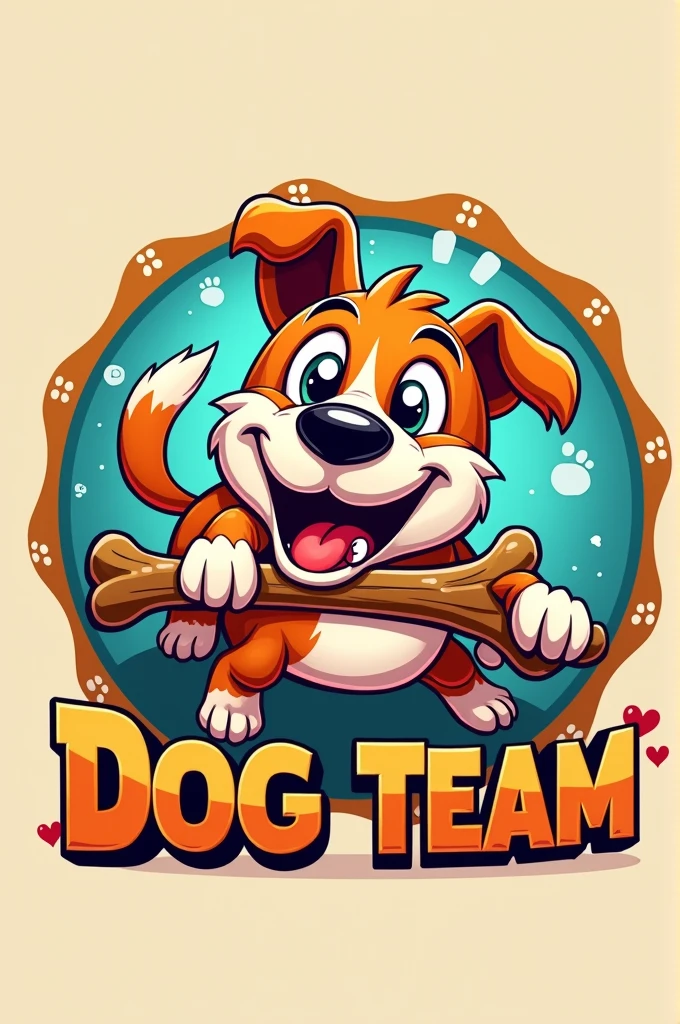 A happy and animated logo with a dog biting a bone and the name DOG TEAM 