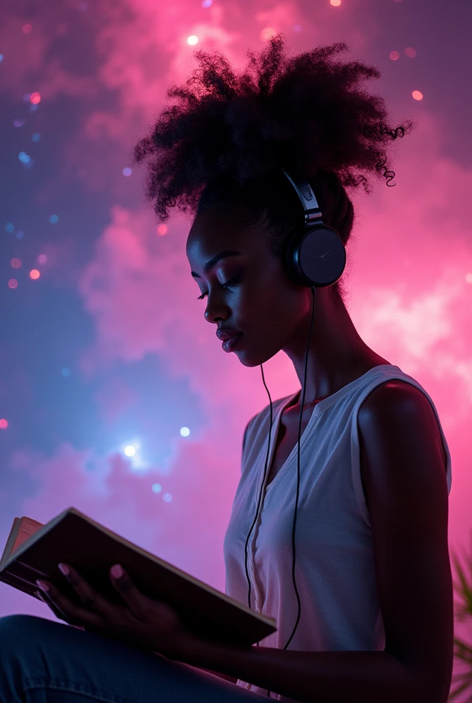Silhouette of a smiling black woman, looking straight ahead, listening to music on headphones and reading, in the background the universe with neon colors, wearing a white sleeveless shirt
