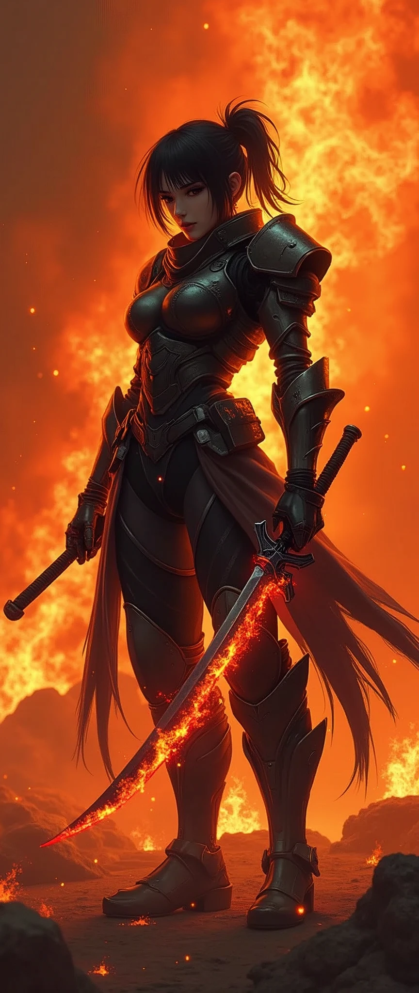 (masterpiece:1.2, Highest quality,Ultra-high resolution,Super detailed),8k,wallpaper,(Armored Core Style),Woman in ninja robot armor,Black Hair,Random Hairstyles,(Fire Ninja),(Orange body),(Detailed face:1.3),(Detailed body:1.3),(Cowboy Shot),(The background is a burning flame and a red battlefield:2.0),He has a sword with flames inside of it.,Detailed hands