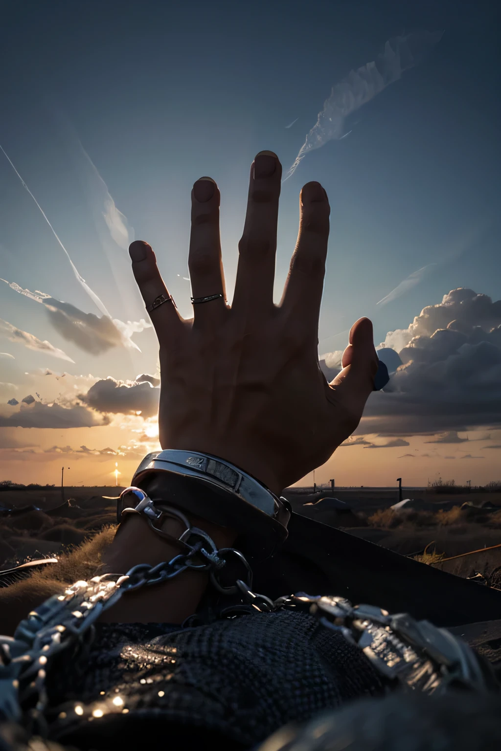 Make an image of a hopeful sky and in the middle, have two hands coming out from below in the very foreground breaking chains.