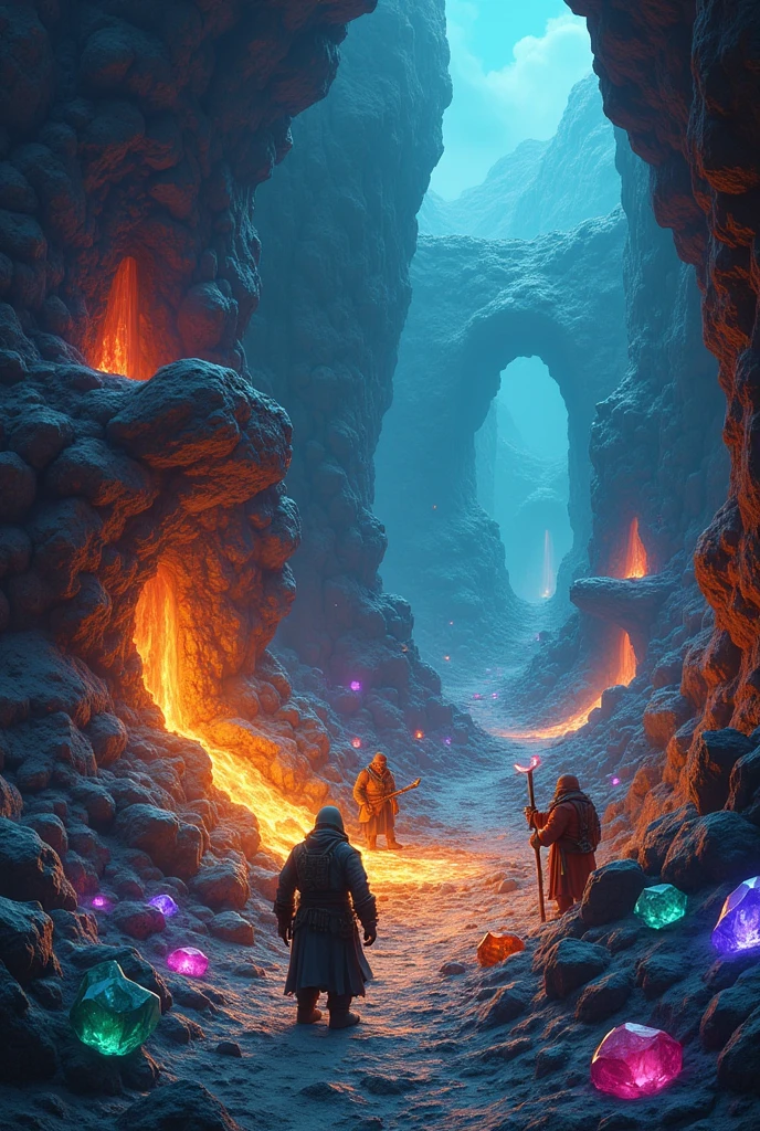 A colorful gemstone digging settlement, with dwarves being enslaved by orcs to mine for precious stones in an RPG setting&d