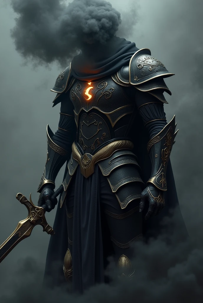 A man with black smoke and a glow instead of a head in fancy black armor with no arms, black gauntlets with gold details, a golden longsword with a black blade and details 