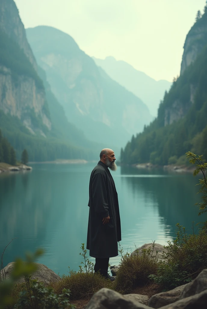 I would like an image of a bald man with a beard alone in a beautiful, striking landscape that has everything to do with the following phrase , " No distractions, only God, me and my goals".