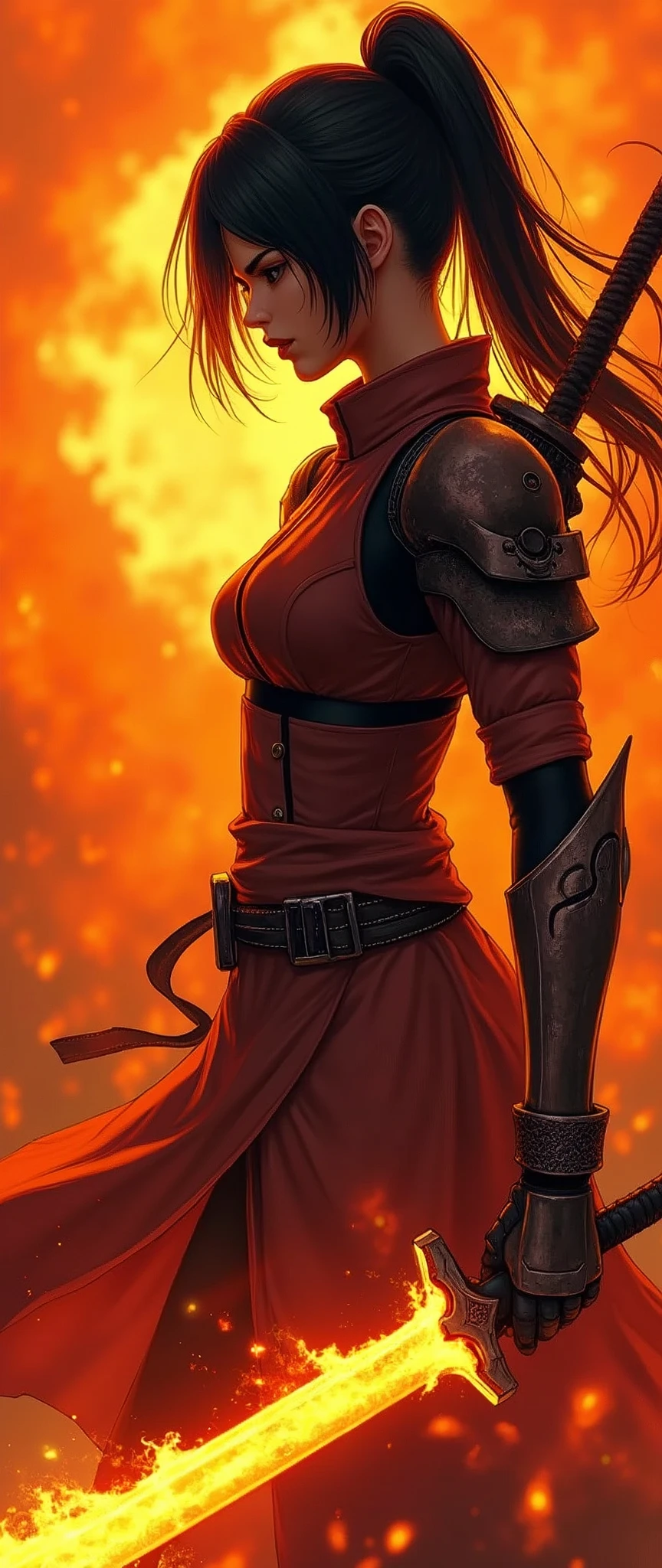 (masterpiece:1.2, Highest quality,Ultra-high resolution,Super detailed),8k,wallpaper,(Armored Core Style),Woman in ninja robot armor,Black Hair,Random Hairstyles,(Fire Ninja),(Orange body),(Detailed face:1.3),(Detailed body:1.3),(Cowboy Shot),(The background is a burning flame and a red battlefield:2.0),He has a sword with flames inside of it.,Detailed hands