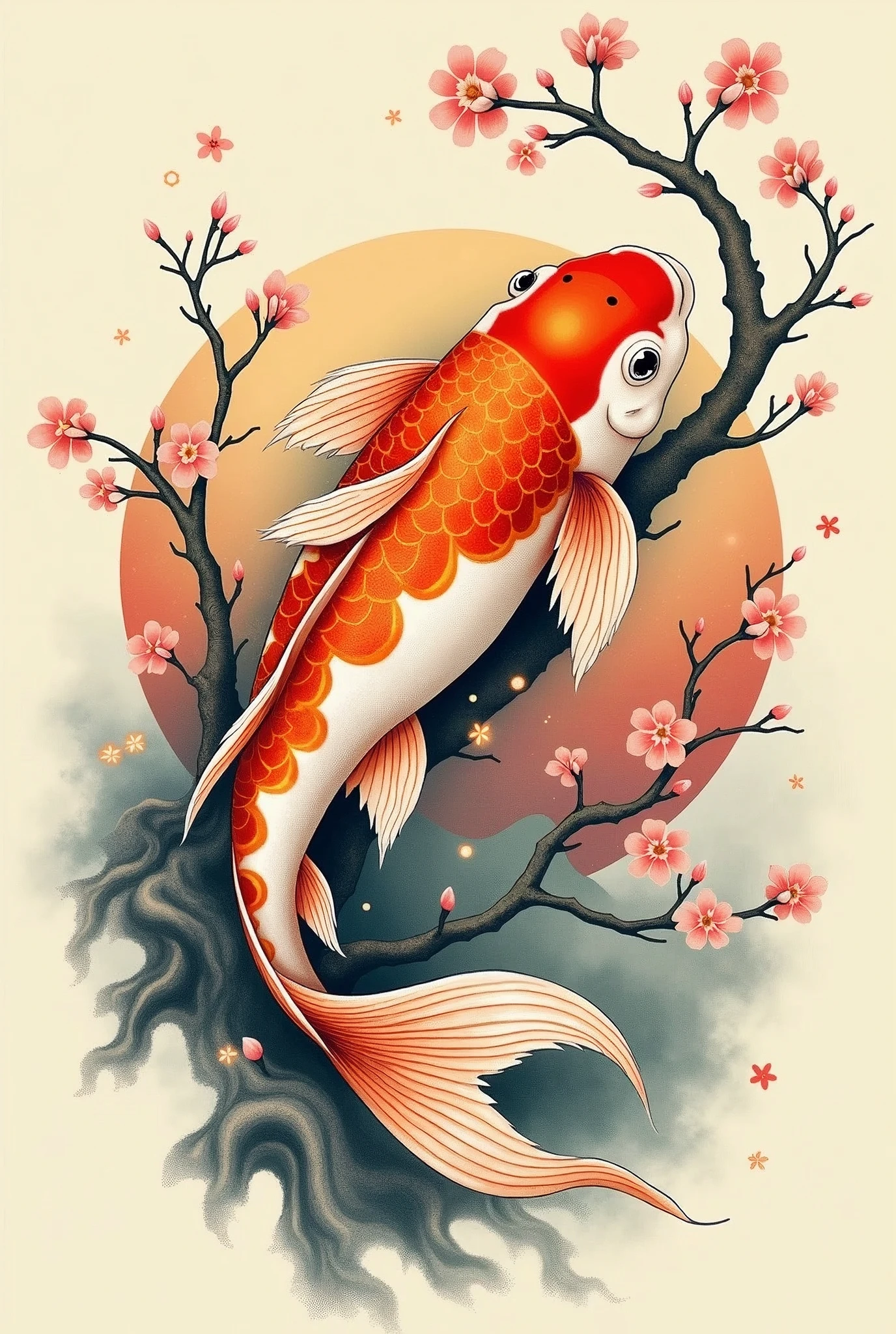 I want a tattoo design, with a koi fish looking up to the left, whose tail is not as thick as the classic ones and is with a classic Japanese background