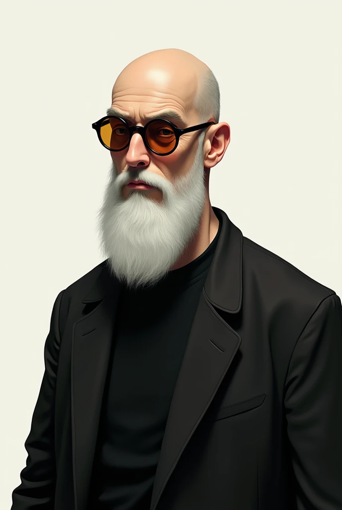 Thin face man , thin lips full beard white , bald bald , round glasses black color tinted lenses, black t-shirt with black jacket