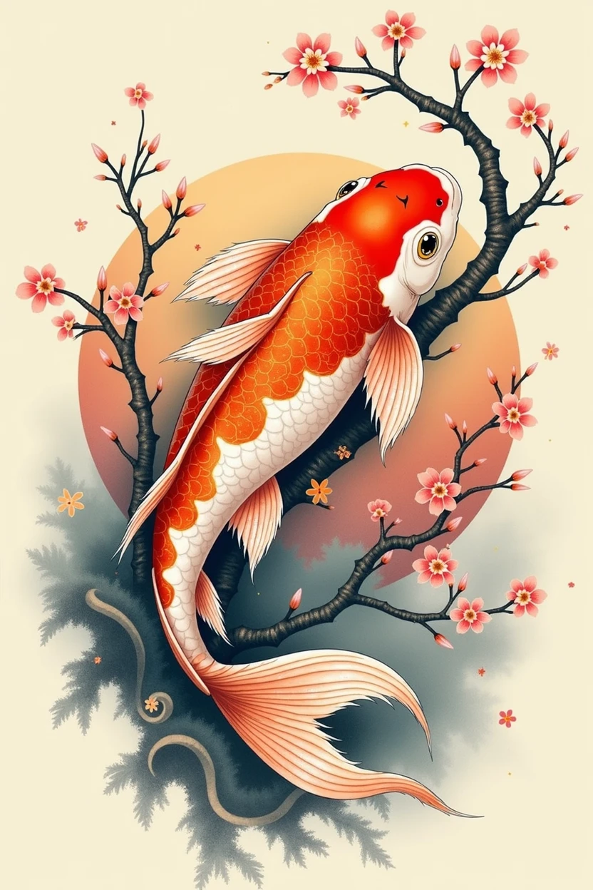 I want a tattoo design, with a koi fish looking up to the left, whose tail is not as thick as the classic ones and is with a classic Japanese background