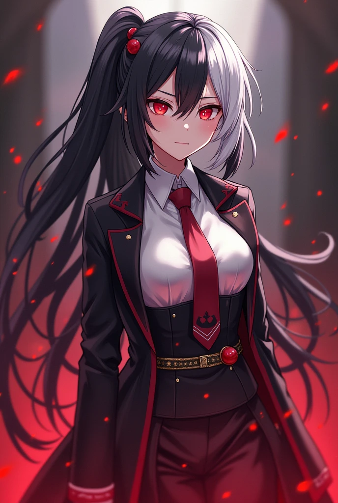 Main female anime character, half black hair and half white hair, crimson eyes, sword, inside caslte, 