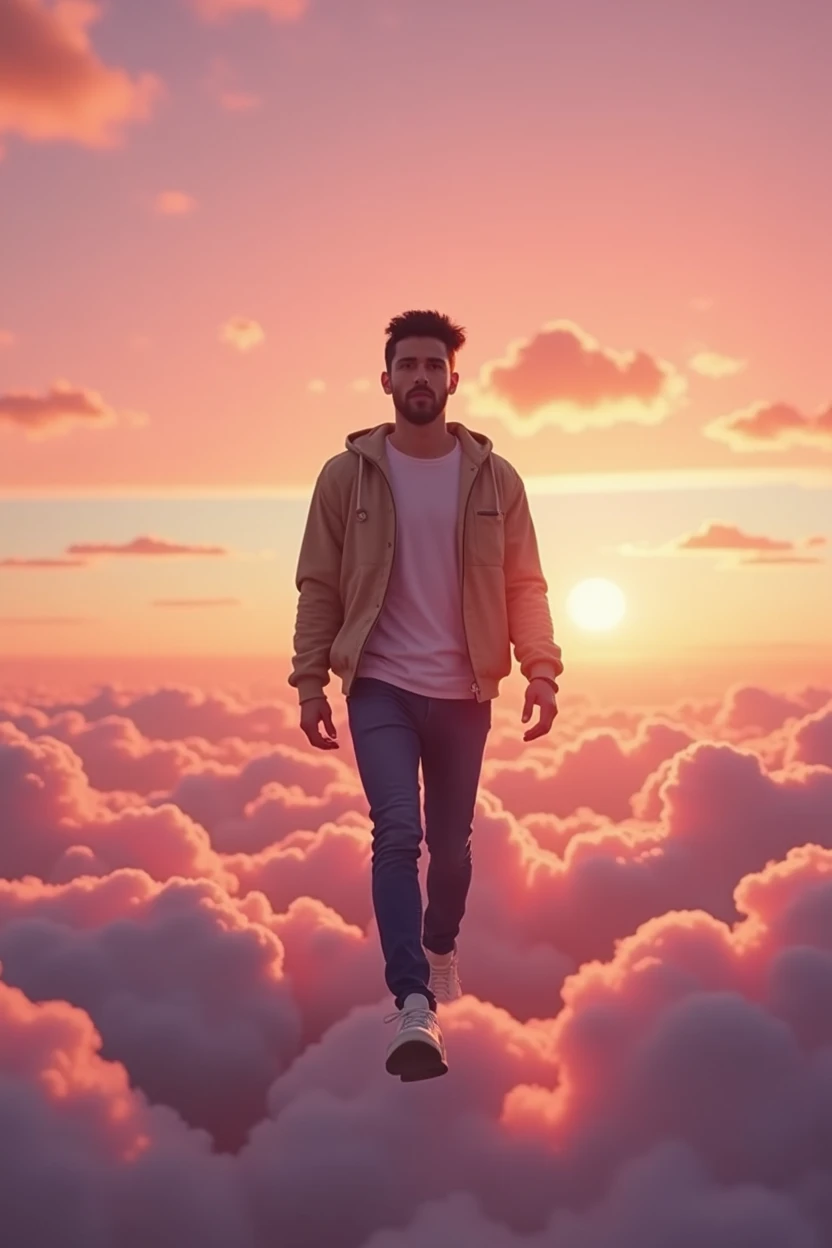 (photorealism:1.2), handsome brunnete male is walking on pink clouds, sunset on the background