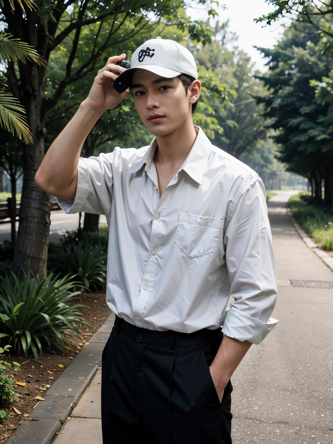 Top quality, one Handsome guy, wearing open collar shirt, wide slacks, baseball cap, have an (iPhone:1.2), holding a camera, 35mm lens, f/1, cowboy shot, at forest
