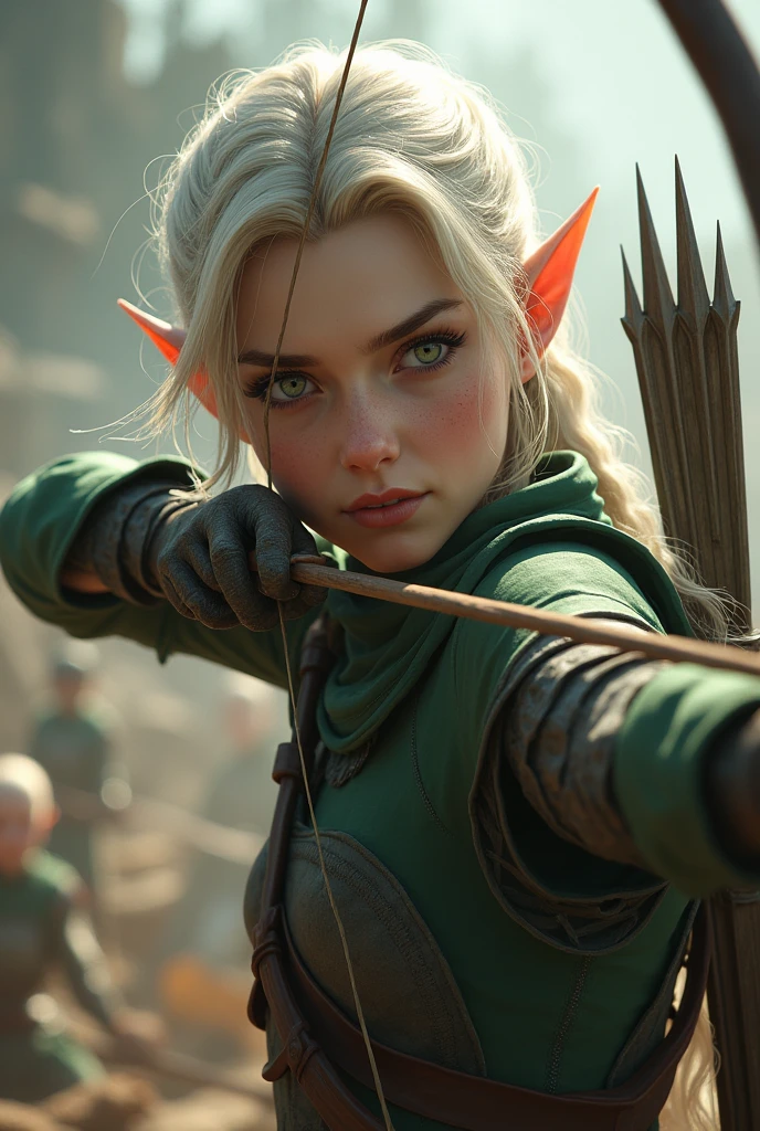 An elf archer approximately twenty-eight years old. Your hair is medium, almost white blondes, Emerald green eyes, pele alva, wearing simple armor. The ears are slightly pointed. She is in a full body attack pose in a war scenario.