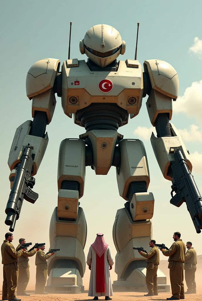 a realistic humanoid machine, a large gun in each hand, surrounded by medium-sized humanoid machines,
the medium-sized machines are holding guns and pointing a gun at the large machine,
the large machine is ignoring them, the large machine has a small Turkish flag on its chest, the medium-sized Arab machine is standing in front of the large machine, the large machine is patting the Arab machine's head