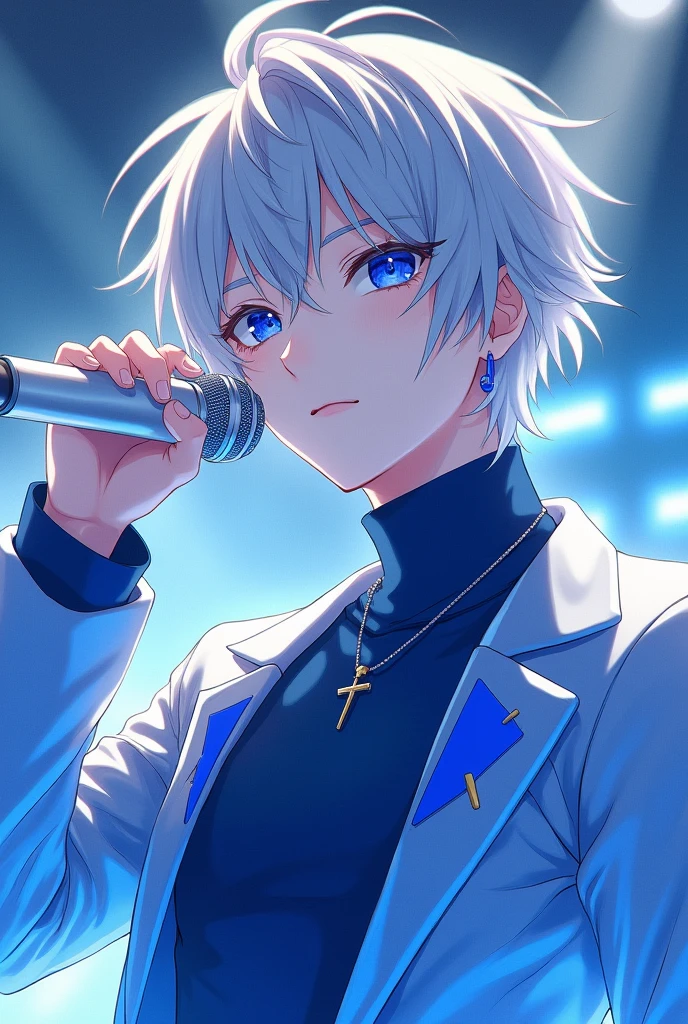 Anime idol boy with messy silver hair falling over one eye.
skin fair.
royal blue eyes.
white silver jacket with silver.
Royal blue high goal shirt.
white idol microphone.
vocaloid sekai cool stylish
