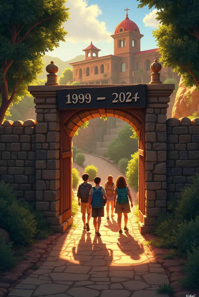 Hacienda with an illuminated path with a wooden sign on the left side on which a group of people are walking with backpacks on their shoulders and in their hands crossing a stone arch with the dates engraved 1999 - 2024