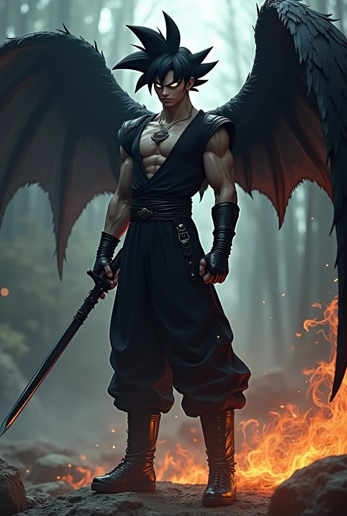 goku with black clothes in the angel style dragon ball super heroes beserker with dark gray overcoat pirate of the caribbean possessed by the kyuubi with seraphim wings, with black fire sword, with weapons on the body, cyborg, batman who laughs
