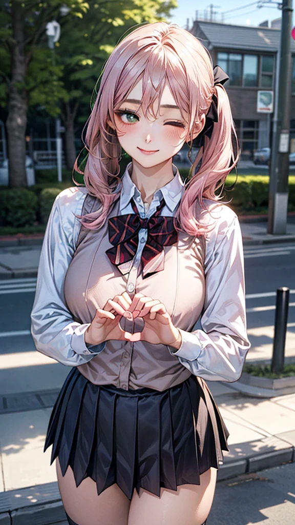 (masterpiece:1.2, top-quality), (realistic, photorealistic:1.4), beautiful illustration, (natural side lighting, movie lighting), nsfw,
looking at viewer, cowboy shot, front view:0.6, 1 girl, japanese, high school girl, perfect face, cute and symmetrical face, shiny skin,
(long hair:1.8, side ponytail:1.7, sidelocks, light pink hair), parted bangs, emerald green eyes, long eye lasher, (large breasts:0.8, thick thighs),
beautiful hair, beautiful face, beautiful detailed eyes, beautiful clavicle, beautiful body, beautiful chest, beautiful thigh, beautiful legs, beautiful fingers,
((((long sleeve)), roll up sleeves, white collared shirts, navy pleated mini skirt, black socks, brown loafers, red bow tie, pastel pink sleeveless knitted vest, black headband)), pink panties,
(beautiful scenery), evening, riverside, walking, heart hands, (one eye closed, wink, lovely smile, upper eyes),