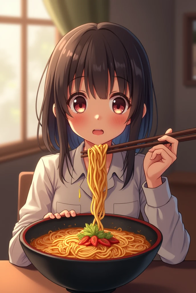 4K, high quality, Girl eating ramen, perspective