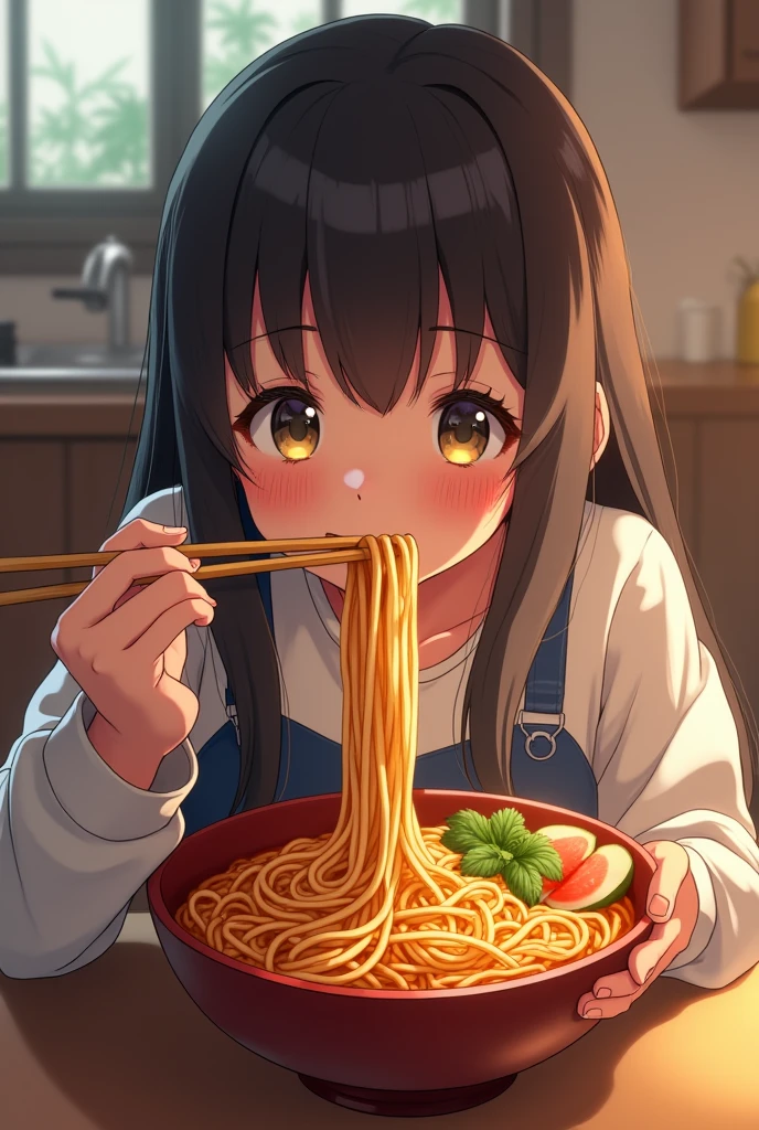 4K, high quality, Girl eating ramen, perspective