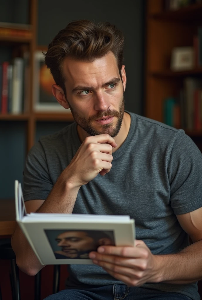 Handsome man looks thoughtful with photo album in his hand