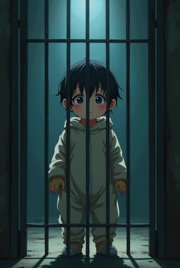 Cinematic Anime style. Manga art. TME0224 face, (((a baby boy, 4 year old))) in a funny night (((wearing a baggy onesie without a zipper with hands in mitts))), (((inside a closed cage))). cinematic lighting, drop shadow, masterpiece, UHD, anatomically correct, textured skin, super detail, high details, high quality, best quality, 4K, full body, standing