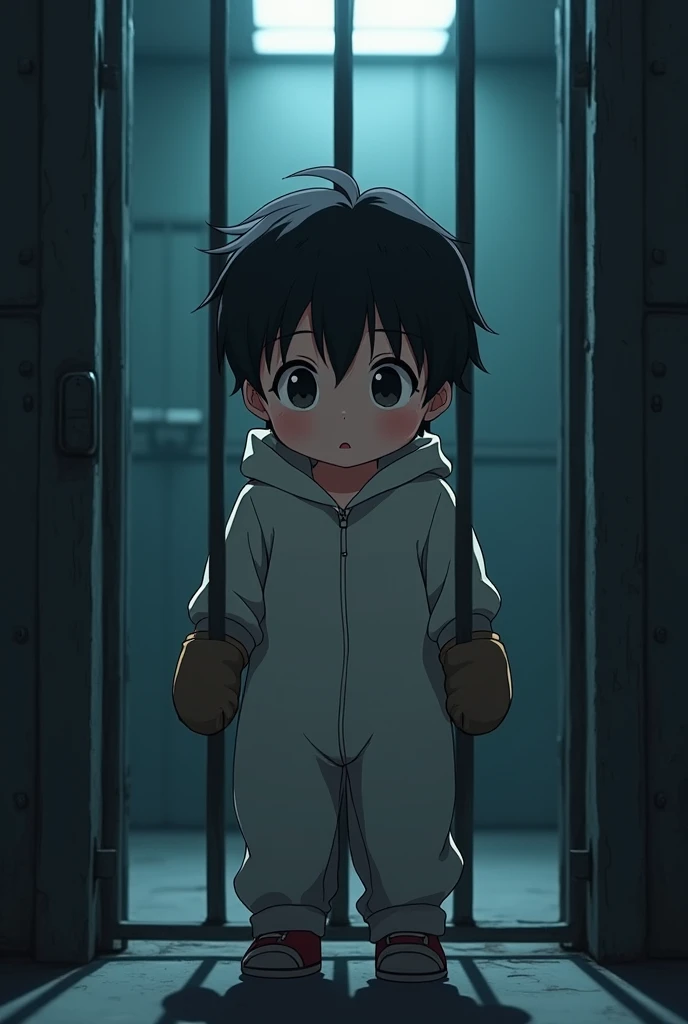 Cinematic Anime style. Manga art. TME0224 face, (((a baby boy, 4 year old))) in a funny night (((wearing a baggy onesie without a zipper with hands in mitts))), (((inside a closed cage))). cinematic lighting, drop shadow, masterpiece, UHD, anatomically correct, textured skin, super detail, high details, high quality, best quality, 4K, full body, standing