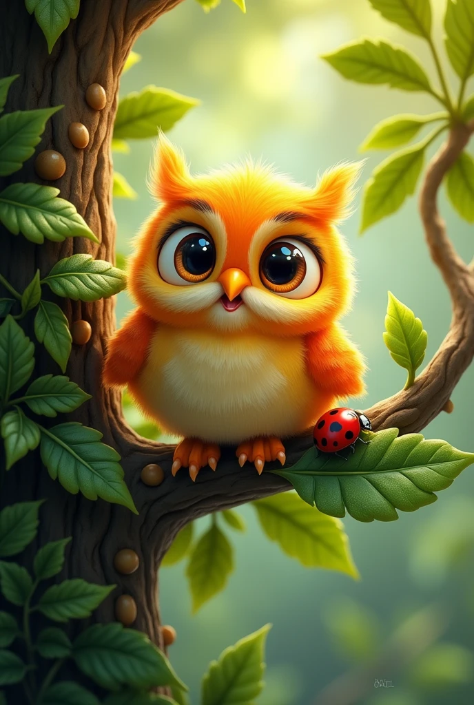 Happy bright eyed owl with a ladybug on a tree leaf 