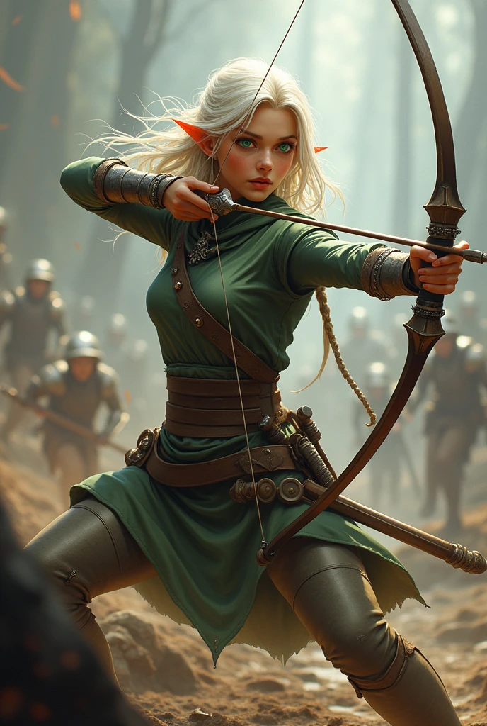 An elf archer approximately twenty-eight years old. Your hair is medium, almost white blondes, Emerald green eyes, pele alva, wearing simple armor. The ears are slightly pointed. She is in a full body attack pose in a war scenario.