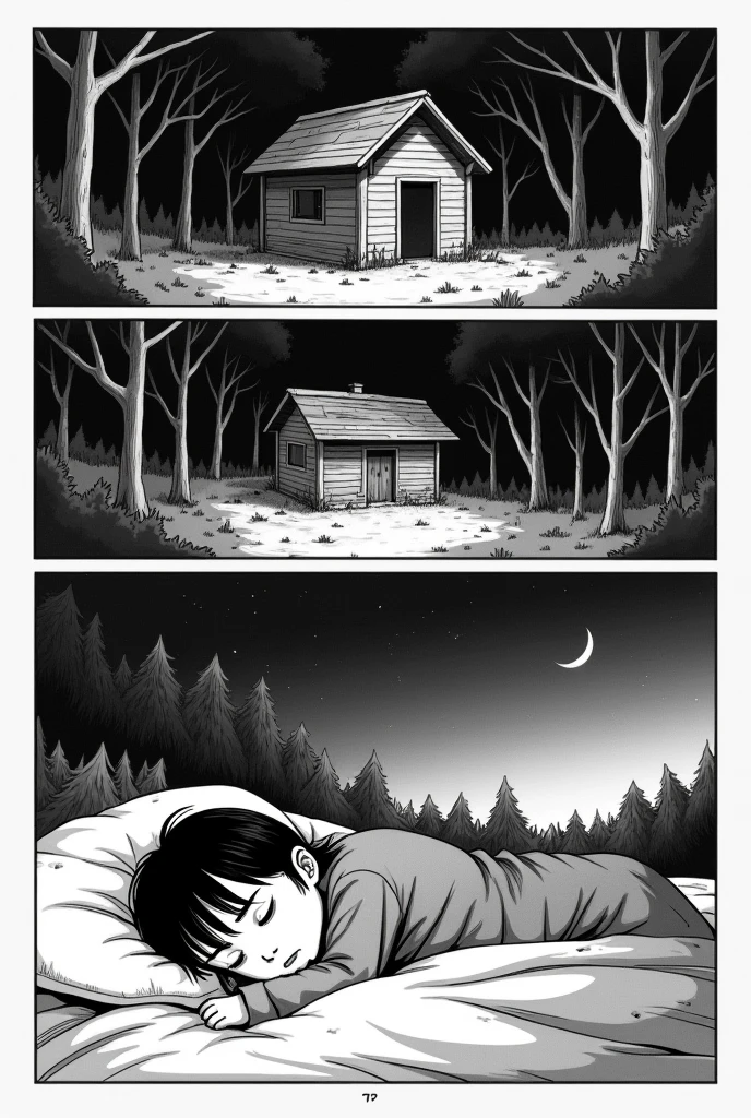 Create an image of a black and white manga page in the first frame a cabin in the middle of the forest in the second frame a child sleeping in the third frame that child is uncomfortable in the fourth frame a night sky in the fifth frame the child's eye is closed