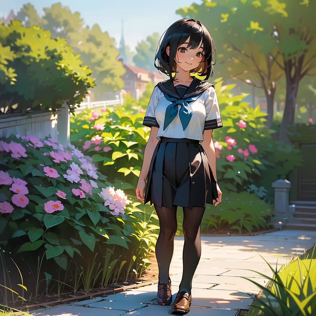 (Highest quality, High resolution, Super detailed, Realistic:1.37), Peaceful atmosphere, (Outdoor, garden), Teenage girl standing alone,(my breasts are big.),Beautifully detailed features, Cute Smile, ((Black bob hair)),Short-sleeved sailor uniform, Pleated skirt,Black tights,Brown leather shoes.