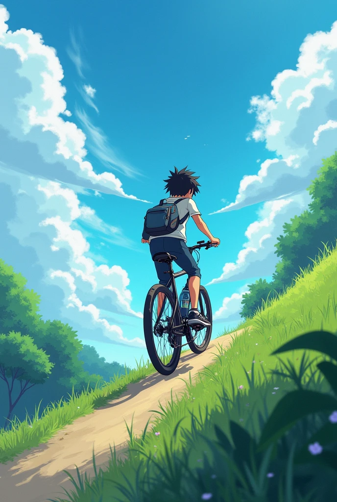 An anime-style image of a boy riding his bike up a steep hill 