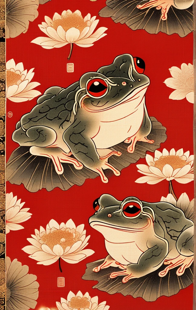 A Japanese woven pattern using traditional red, black and gold colours featuring an intricate design of a frog surrounded by delicate Buddhas, lotus flowers and folding fans in the background. The design is elegant and rich in texture, reflecting classic Japanese aesthetics. Ideal for luxury textile applications or artistic wallpapers in the traditional Japanese design style.